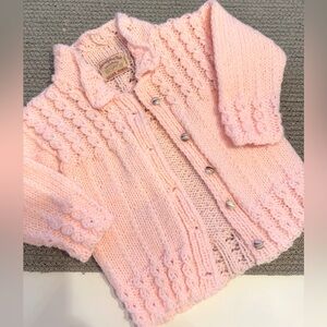 Heirloom Handknit Pastel Pink Baby Cable Knit Cardigan Marbled Buttons NB 0-3 Mo